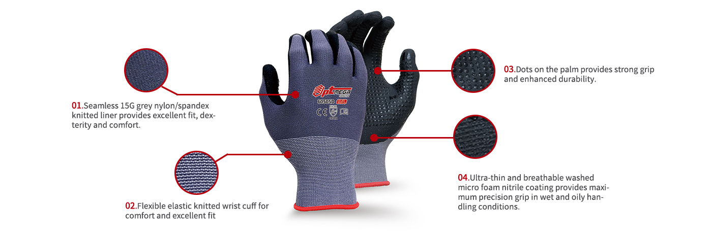 Washed Micro foam nitrile coated glove, Comfort with strong grip, breathability and durability -60505D