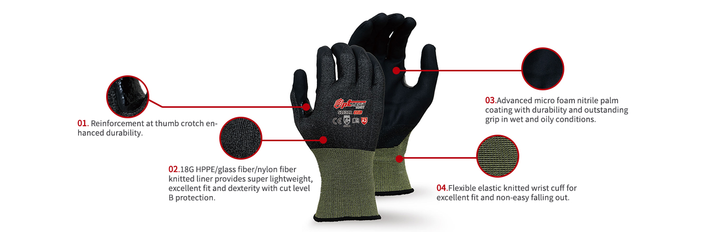Micro foam nitrile coated glove in level B cut resistant protection, light-weight & close fitting-51831R