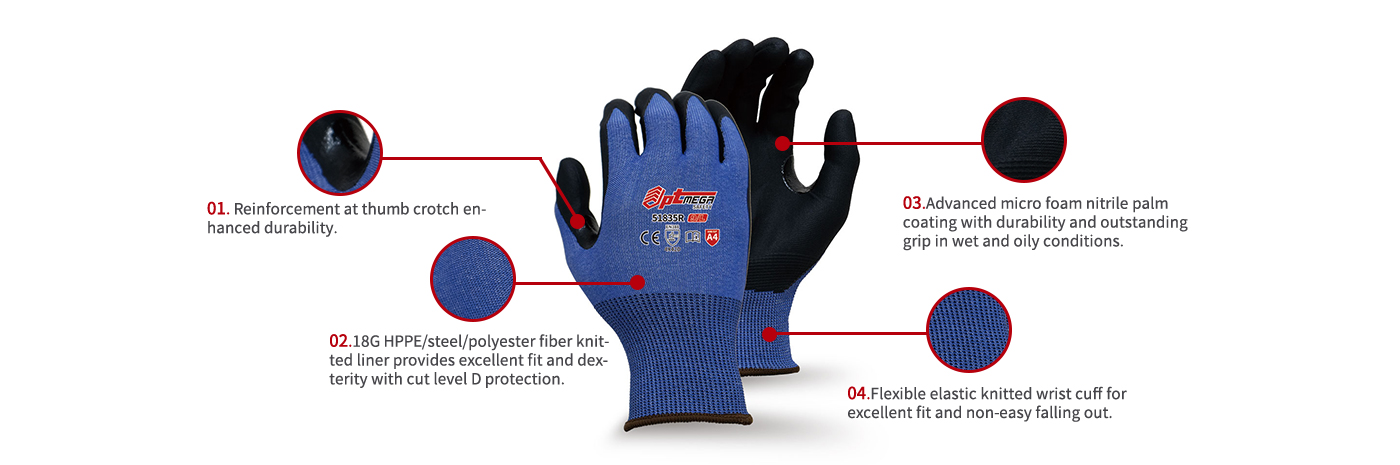 Micro foam nitrile coated glove in level D cut resistant protection, light-weight & close fitting-51835R