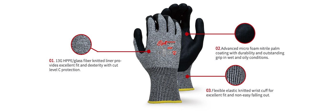 Micro foam nitrile coated glove in level C cut resistant protection-51317