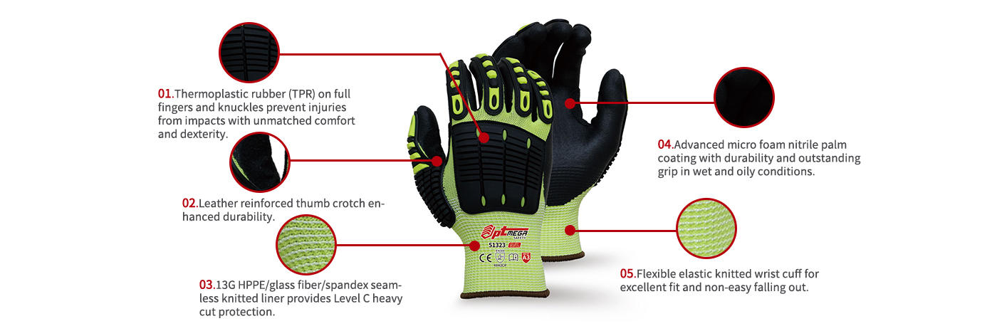 Micro foam nitrile coated anti-impact glove in level C cut resistant protection-51323VL