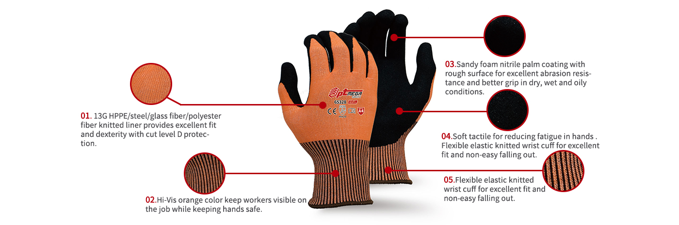 High Visible Cut Level D Protection glove -65328