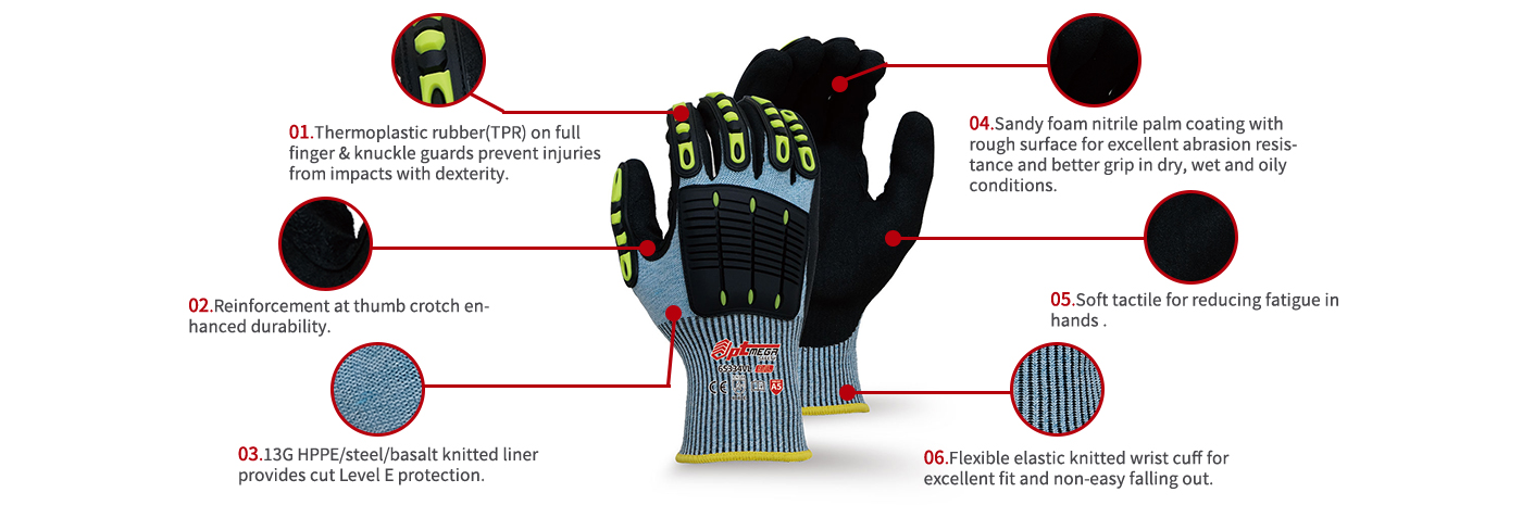 Micro foam nitrile coated anti-impact glove in level E cut resistant protection-65334VL