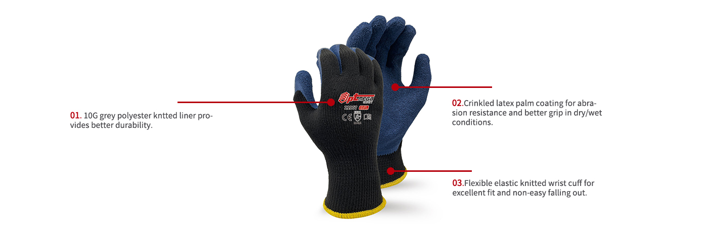 10 gauge General #crinkled latex coated glove for handling-11007