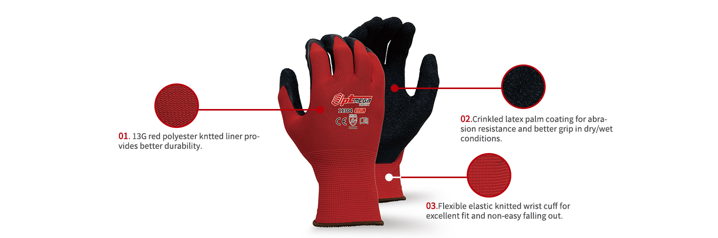 13 gauge General #crinkled latex coated polyester glove for handling-11304