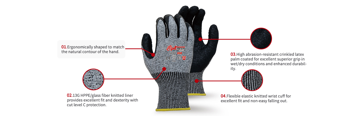 Ergonomically shaped latex glove with Best-in-class grip and Cut level C protection-11317