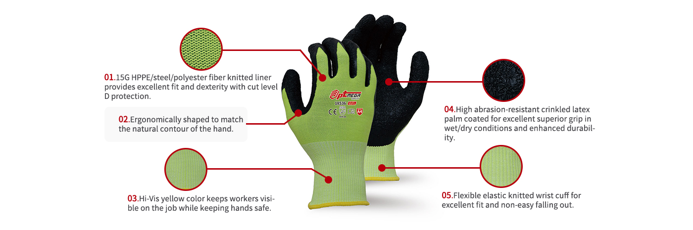 Ergonomically shaped latex glove with Best-in-class grip and Cut level D protection-18536