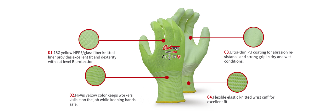 18 gauge Cut level B protection ANSI #CUTA2 PU coated Glove-30832
