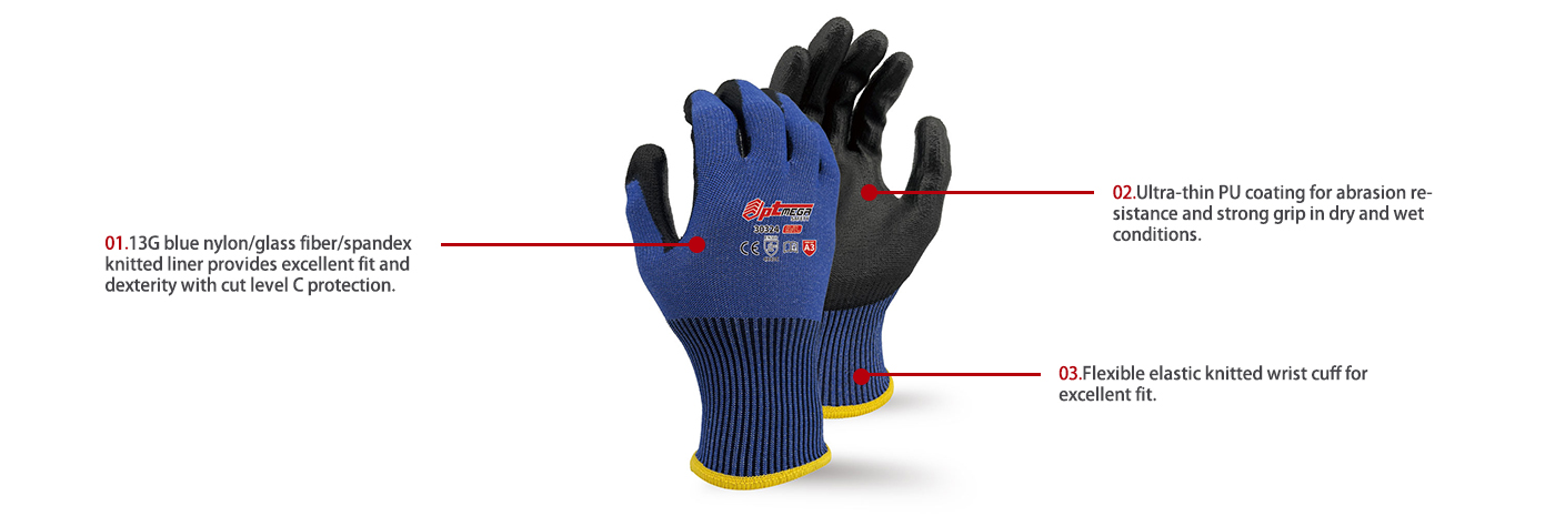 Cut level C protection ANSI #CUTA3 PU coated Glove-30324