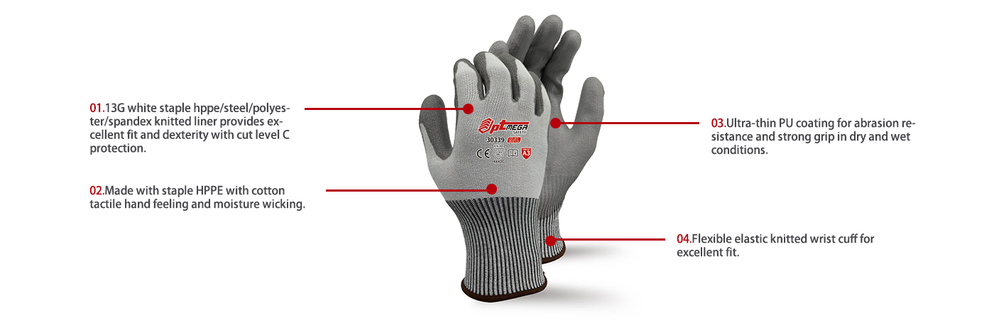 Cut level C protection ANSI #CUTA3 PU coated Glove-30339
