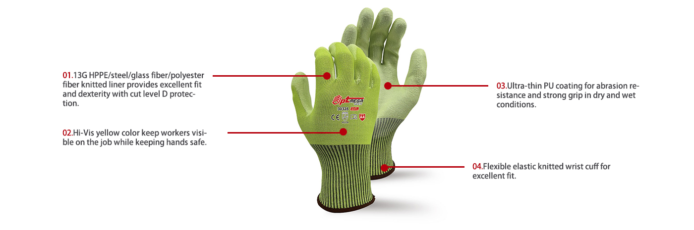 Cut level D protection ANSI #CUTA4 PU coated Glove-30328