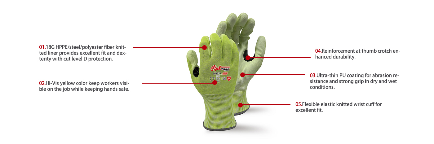Cut level D ANSI #CUTA4 protection PU coated Glove-30835R