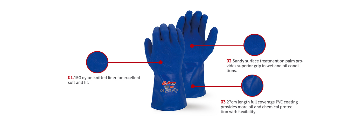 27cm length PVC coating glove with rough sandy surface treatment -47501