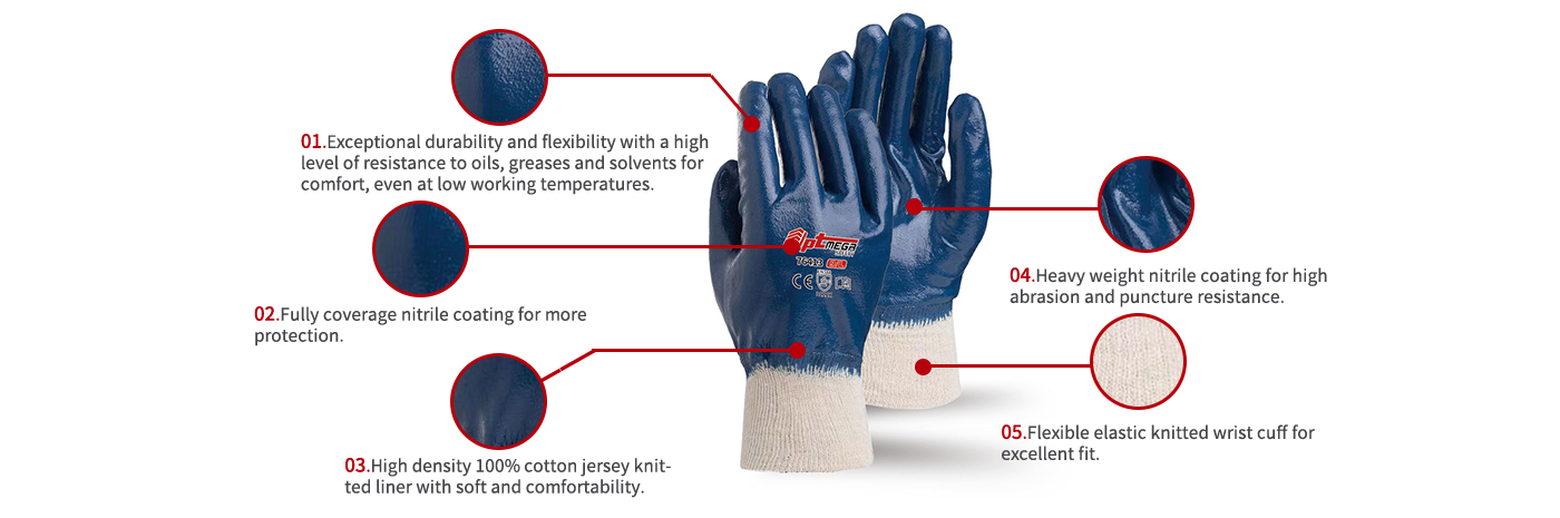 Blue Nitrile Glove for Heavy Oil Handling with knitted cuff-76413